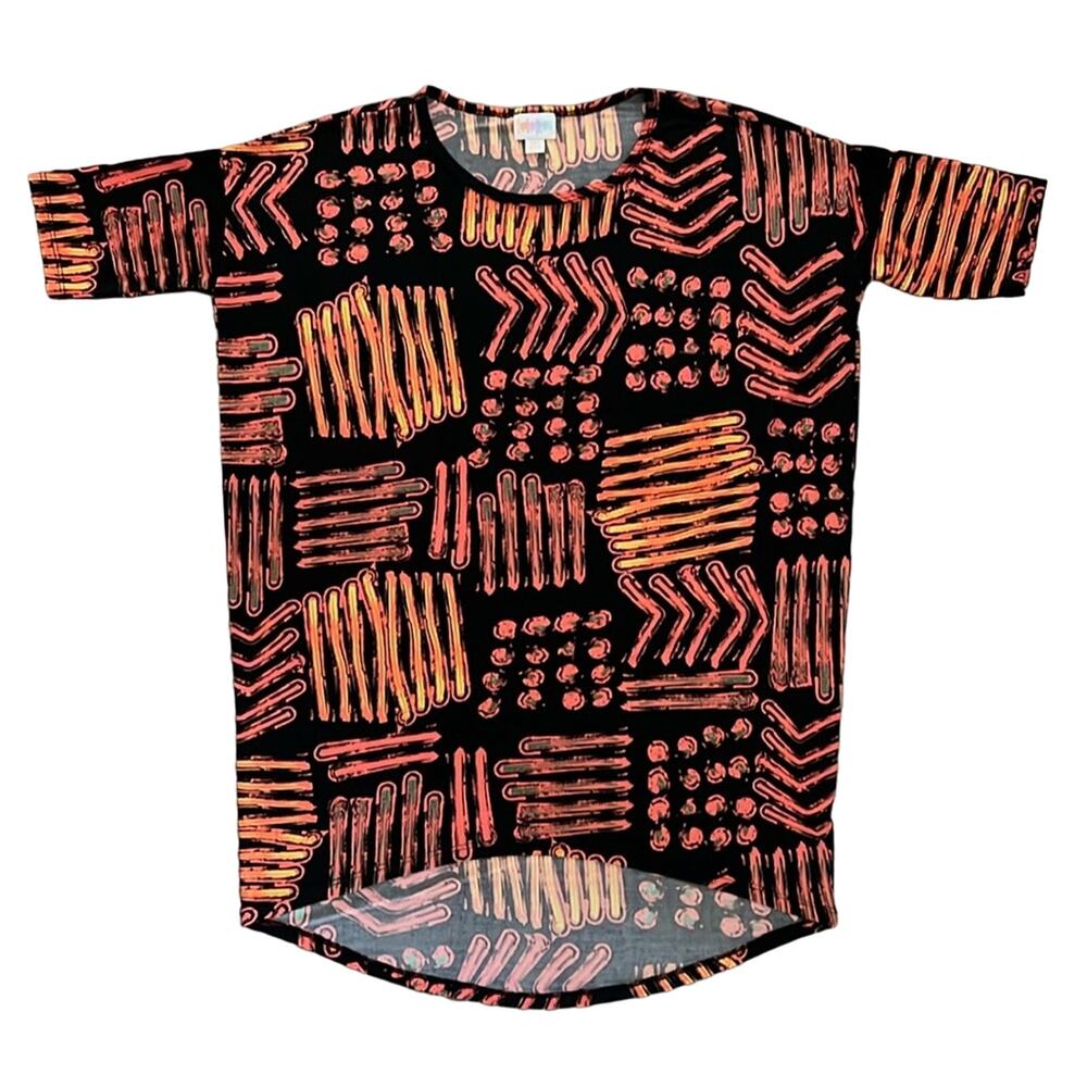 LuLaRoe Irma Tunic‎ Loose Fit Orange/Black Geometric Short Sleeve Top Size XXS